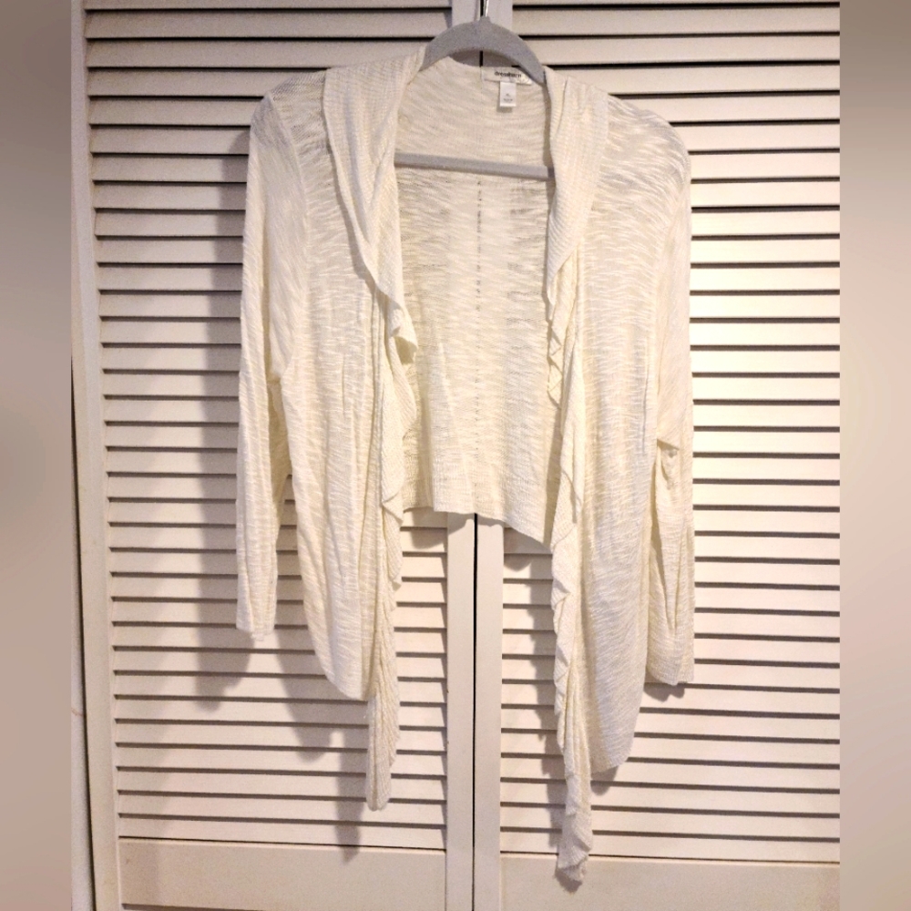Cardigan,  White-cream XL mid length, handkerchief bottom edging.